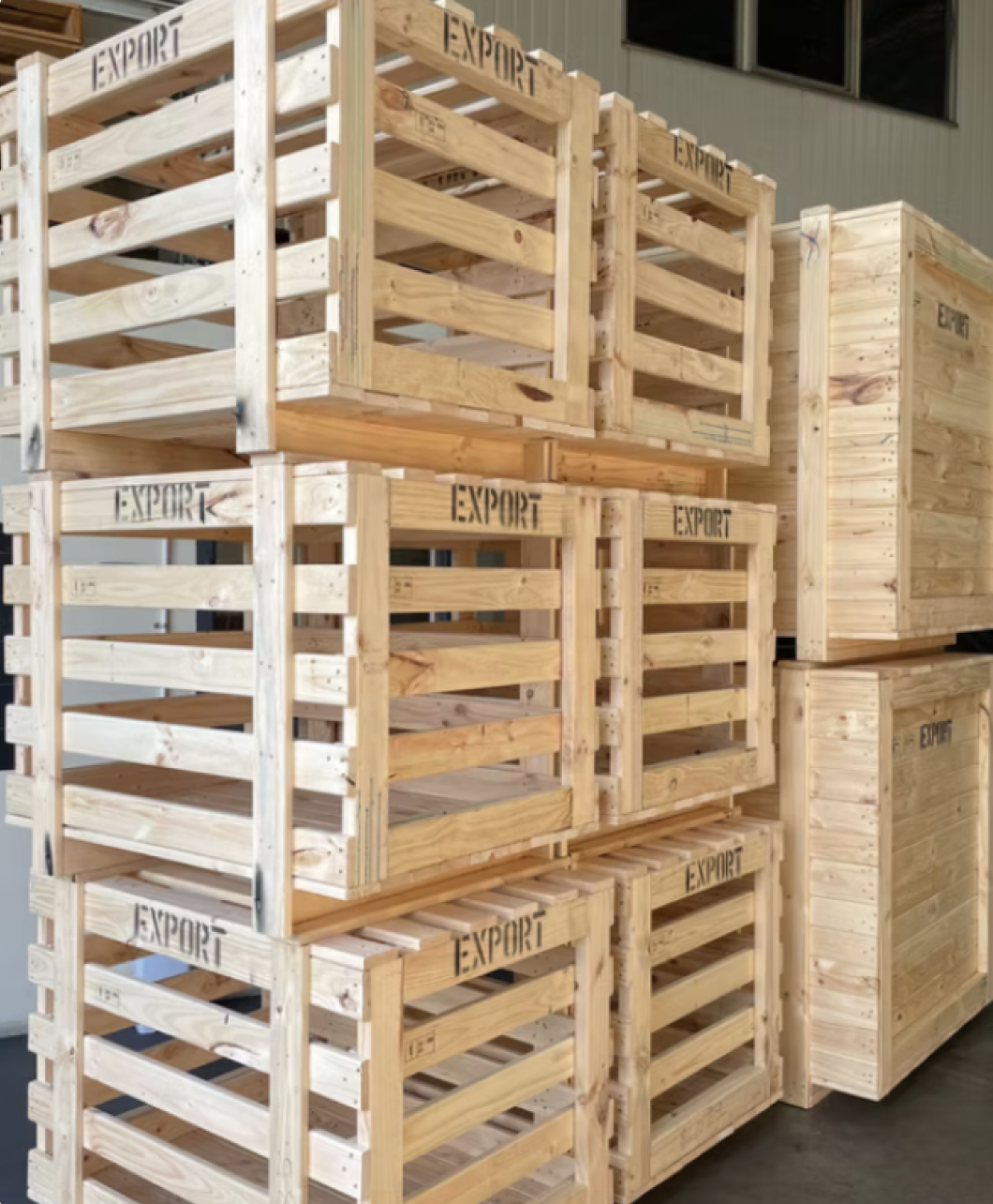 Warehouse with wooden crates marked EXPORT